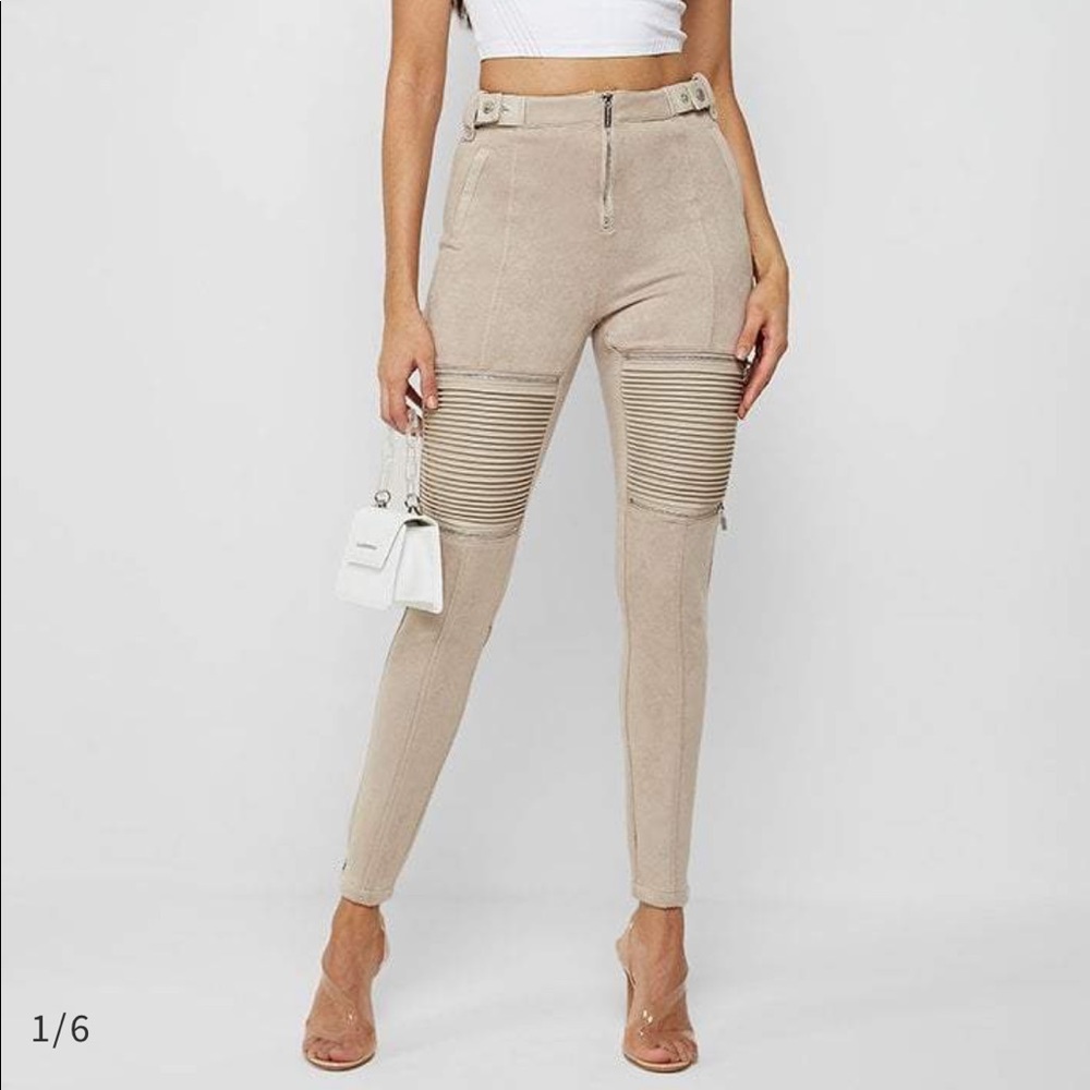 Maniere De Voir ribbed vegan suede biker leggings - light beige